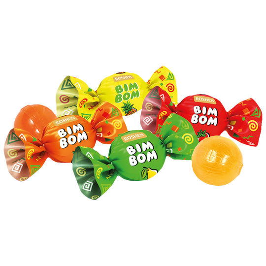 Caramels durs "Bim Bom" avec fourrage aromatisé (18%) aux parfums : fraise, ananas, poire / sans sucre