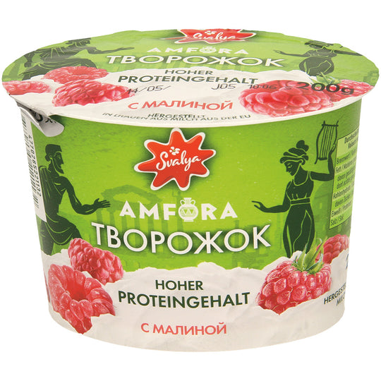 Préparation de fromage blanc à la grecque, avec préparation aromatisée aux framboise, maigre dans la partie lactique