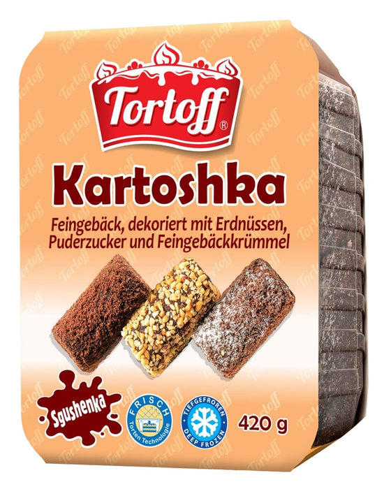 "Tortoff Kartoshka" pâtisserie fine, décorée de cacahuètes, de sucre glace et de miettes de pâte, surgelée.