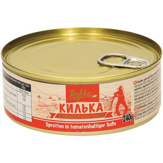 Sprats, entiers et en morceaux, non éviscérés avec tête, en sauce à base de tomate (45 %)