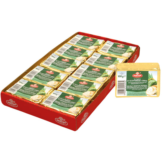 "Fromage fondu à la ciboulette / oignon" "Kostka- Ser topiony ze szczypiorkiem"