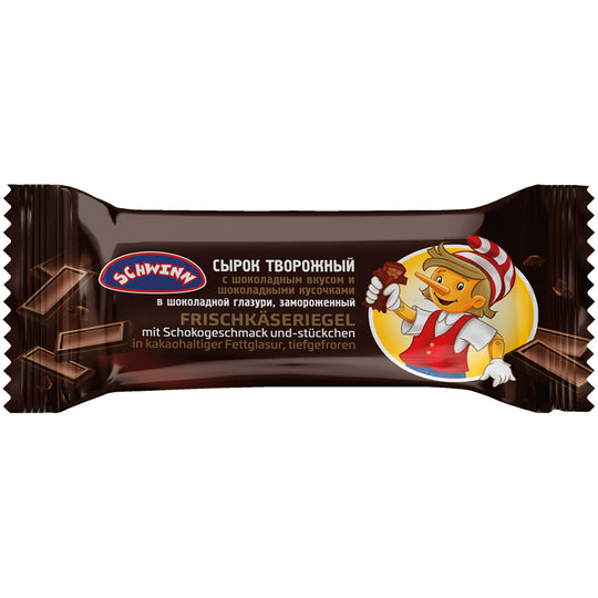 Barre de fromage frais au goût et aux morceaux de chocolat dans un glaçage gras contenant du cacao, surgelée