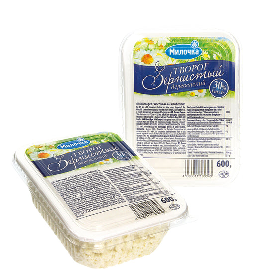 Fromage frais en grains au lait de vache "Tvorog derevenskij" 30% de matières grasses dans la pâte