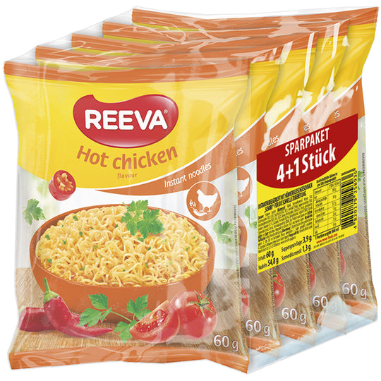 Paquet économique 4+1 gratuit "Reeva" plat de nouilles instantanées au goût de poulet épicé- pour une préparation rapide