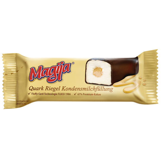 Préparation de fromage frais maigre avec remplissage de lait concentré sucré enrobée de chocolat