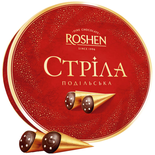 "STRELA PODOLSKA" confiserie en chocolat fourrée de caramel mou au goût de lait (62%). Contient de lalcool.