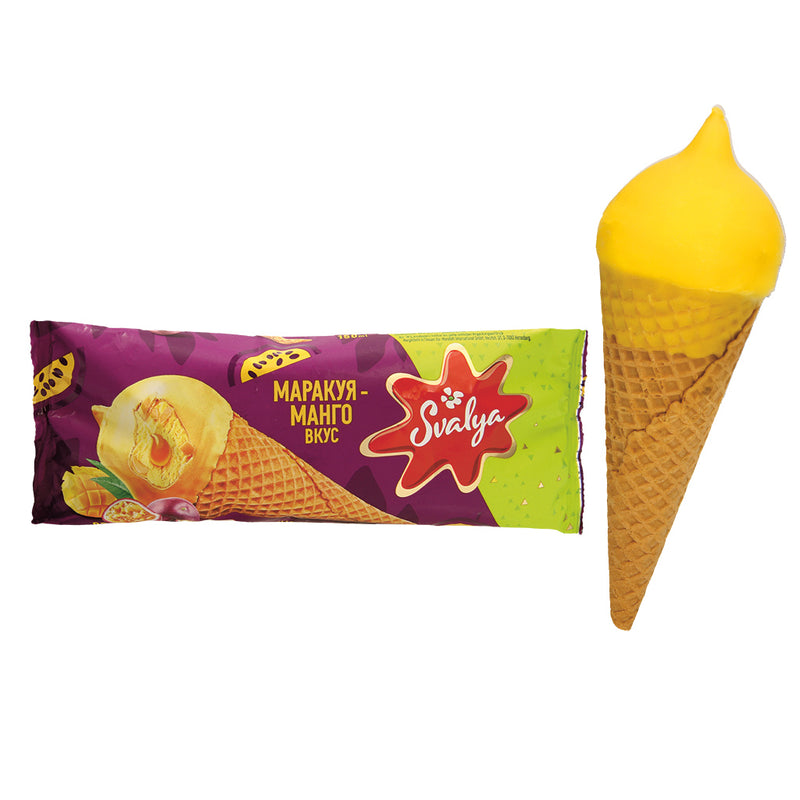 Glace goût fruit de la passion avec fourrage goût fruit de la passion, dans un cornet gaufré avec 4,5 % de glaçage au ca