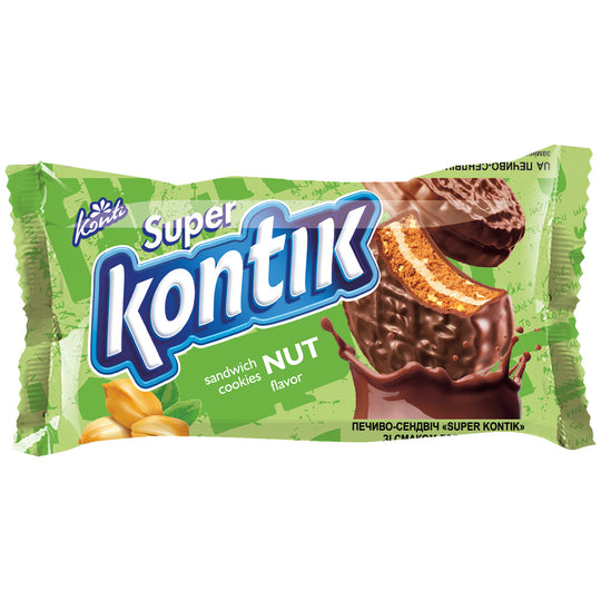 "KONTI" Biscuit double "Super Kontik" avec garniture crème 14,6% goût cacahuète-noisette en enrobage de graisse cacaotée