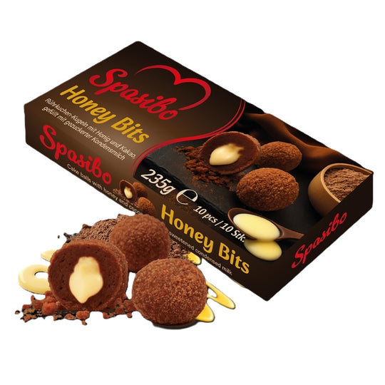 Boules de gâteau battues au miel (2,9%) et au cacao, fourrées au lait concentré sucré, surgelées.