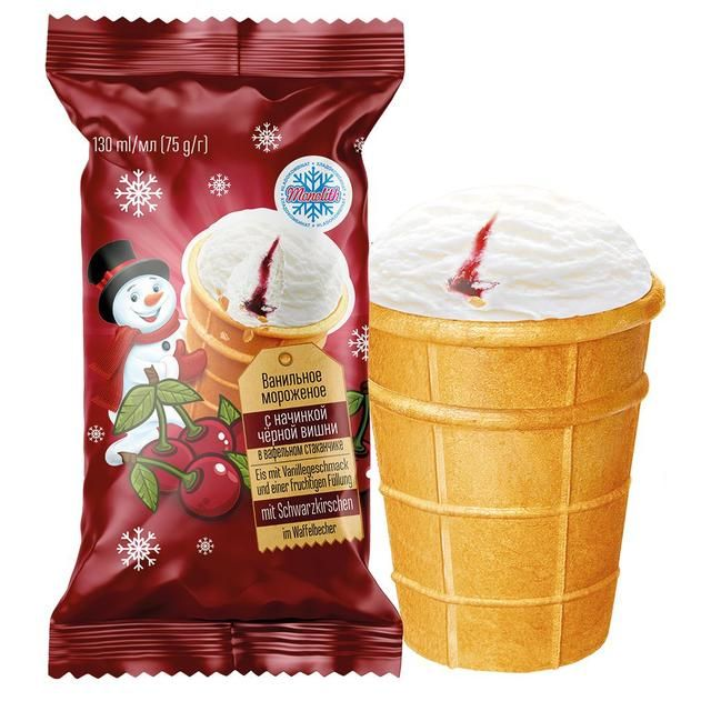 Glace vanille avec fourrage cerise noire en gobelet gaufré (130 ml)