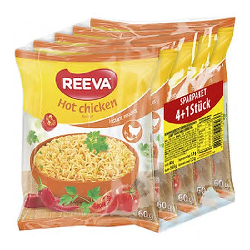 Reeva – Nouilles instantanées au poulet épicé, pack 4+1 – 300 g